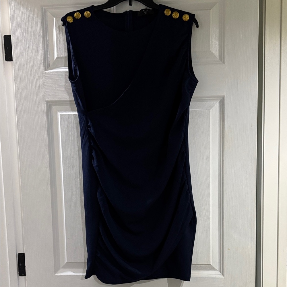 Armani Exchange Elegant Navy Blue Dress with Gold Accents